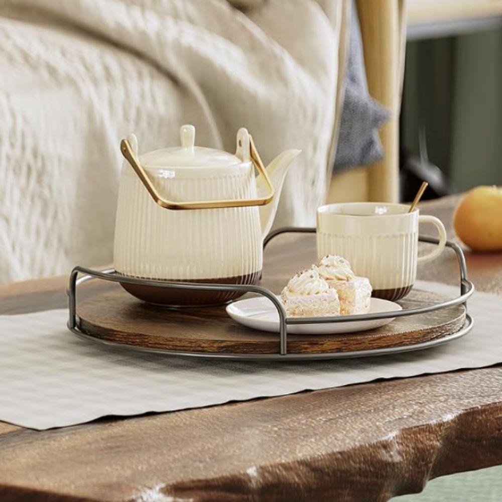 2 Piece Metal Guard Rail Wooden Rotating Tray Round Bathroom Storage Tray Cabinets