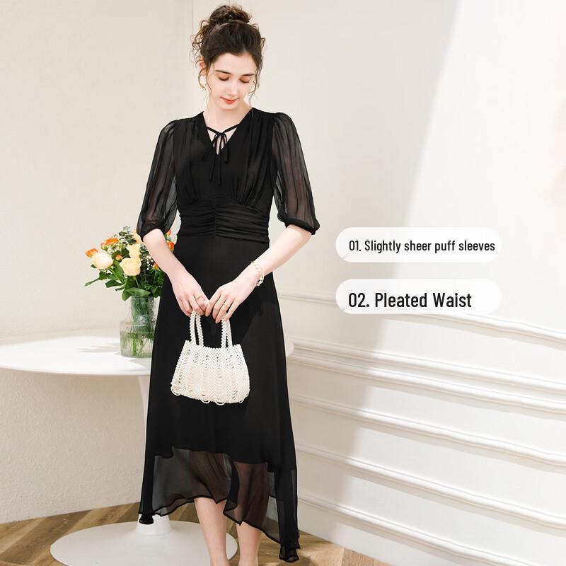 TUHUANG Women's 100% Mulberry Silk French Retro V-Neck Puff Sleeve Dress