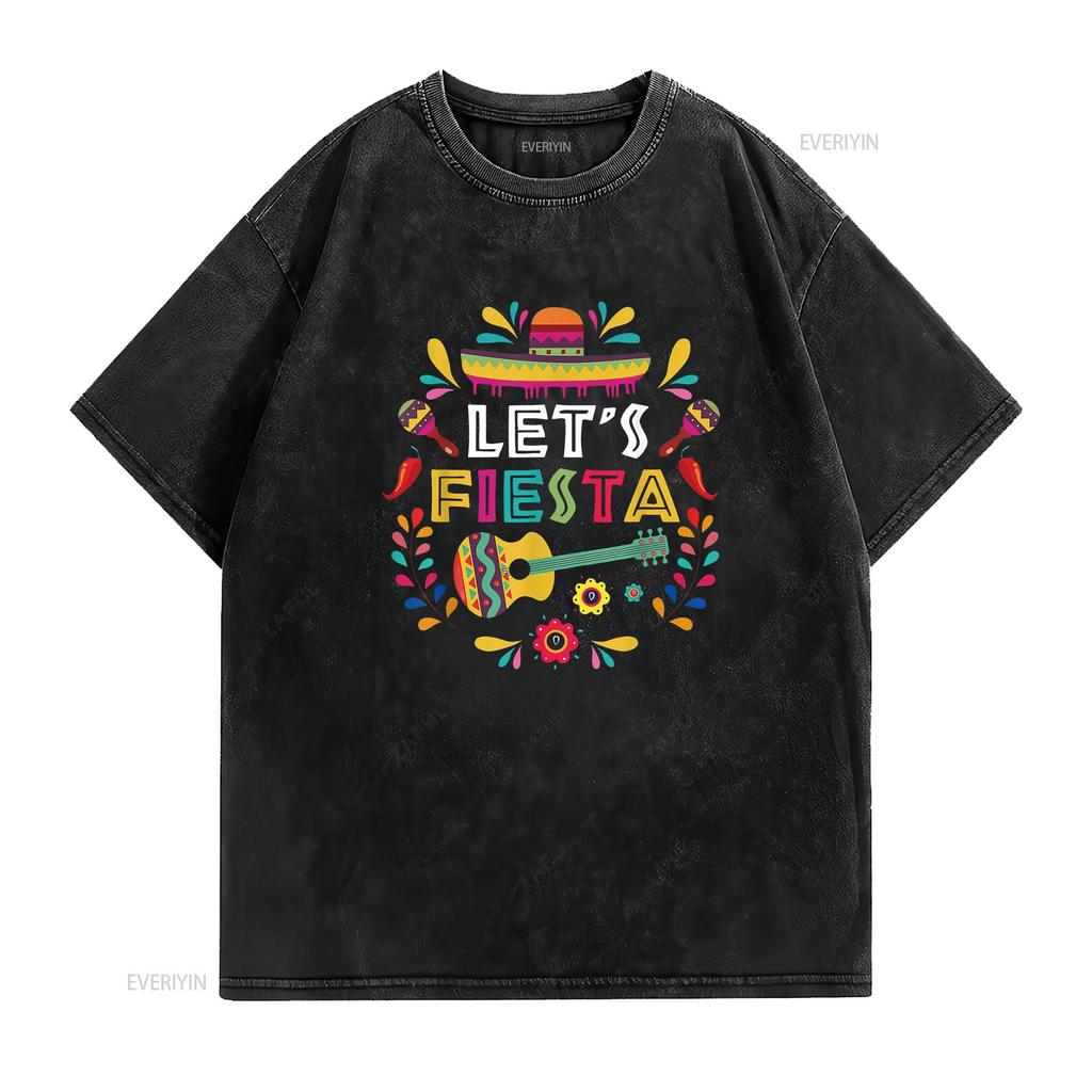 Lets Mexican Fiesta Cinco De Mayo Party Colourful Guitar Fun T Shirt vintage Washed Stretched Breathable Unisex fashion homme