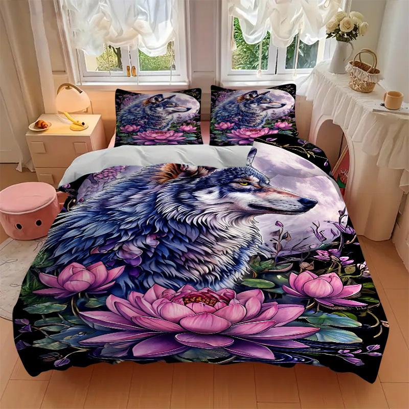 3pcs Wolf Lotus Flower Duvet Cover Set - Includes 1 Duvet Cover and 2 Pillowcases, No Quilt Core, All-Season Home Decor yy251111004