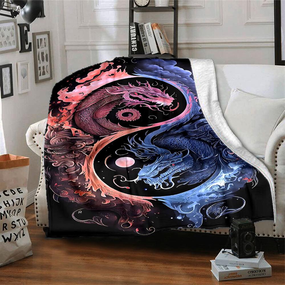 1pc Yin Yang Dragon Blanket, Lightweight Flannel Throw For Sofa, Bed, Travel, Camping, Livingroom, Office, Couch, Chair