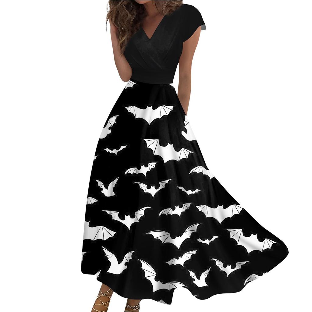 Women's Long Dress Maxi Dress Casual Dress Casual Short-Sleeve V Neck Boho Waist Halloween Printed Dress