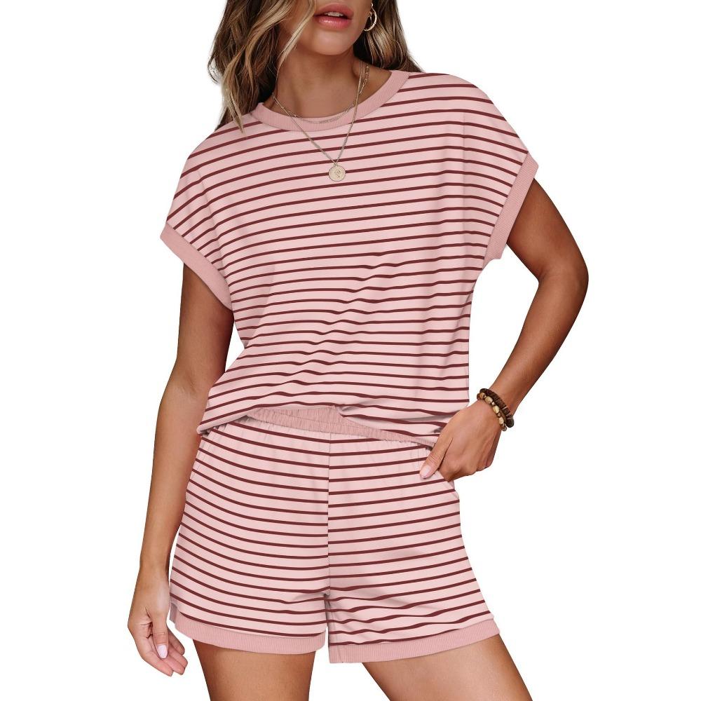 Women's Striped 2 Piece Set Summer Round Neck Short Sleeve Top High Waist Pocketed Shorts Casual Loungewear & Summer Outfit
