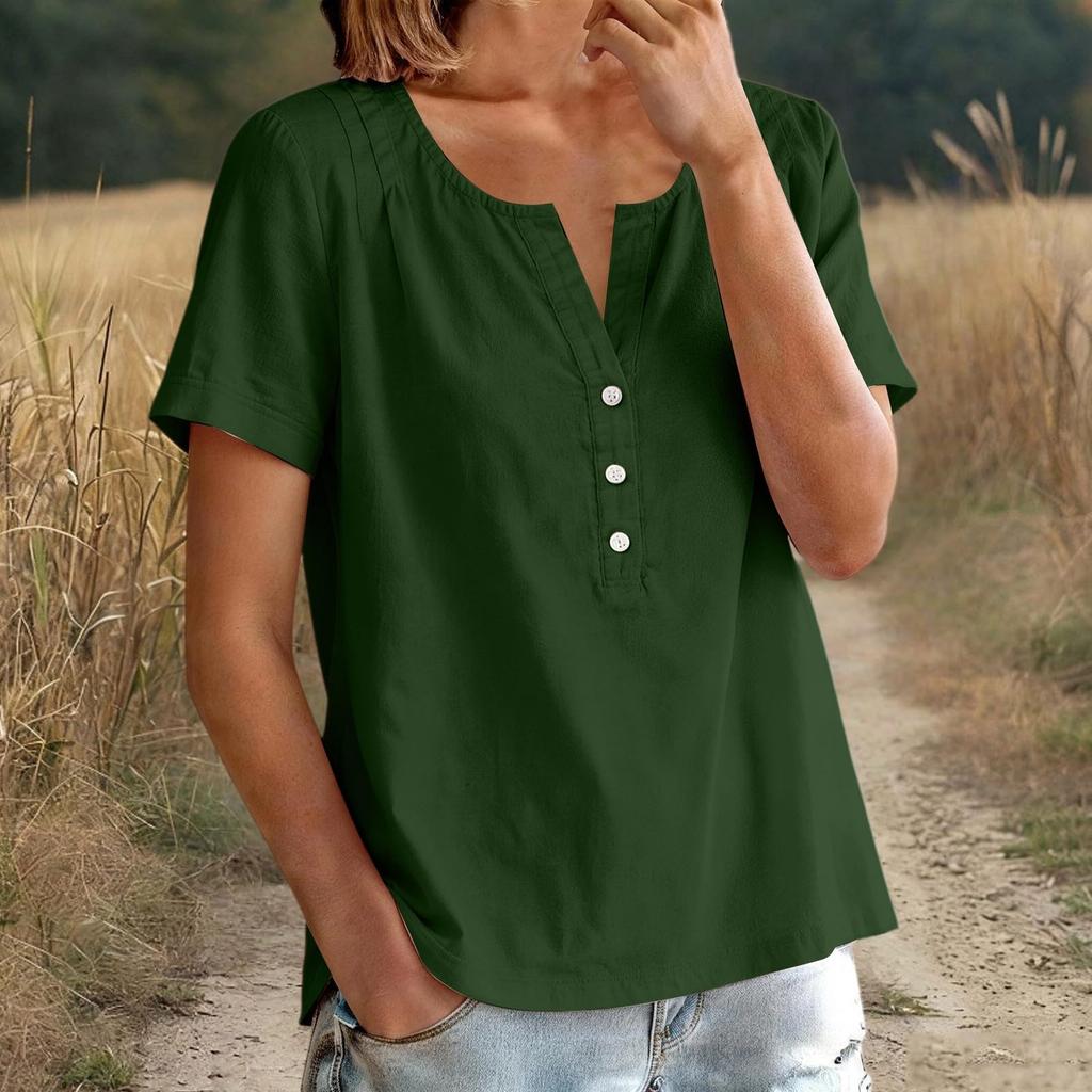 Women Loose Fit Casual Short Sleeve Button Down Shirt Cotton Linen Top with Relaxed Neckline for Everyday Wear