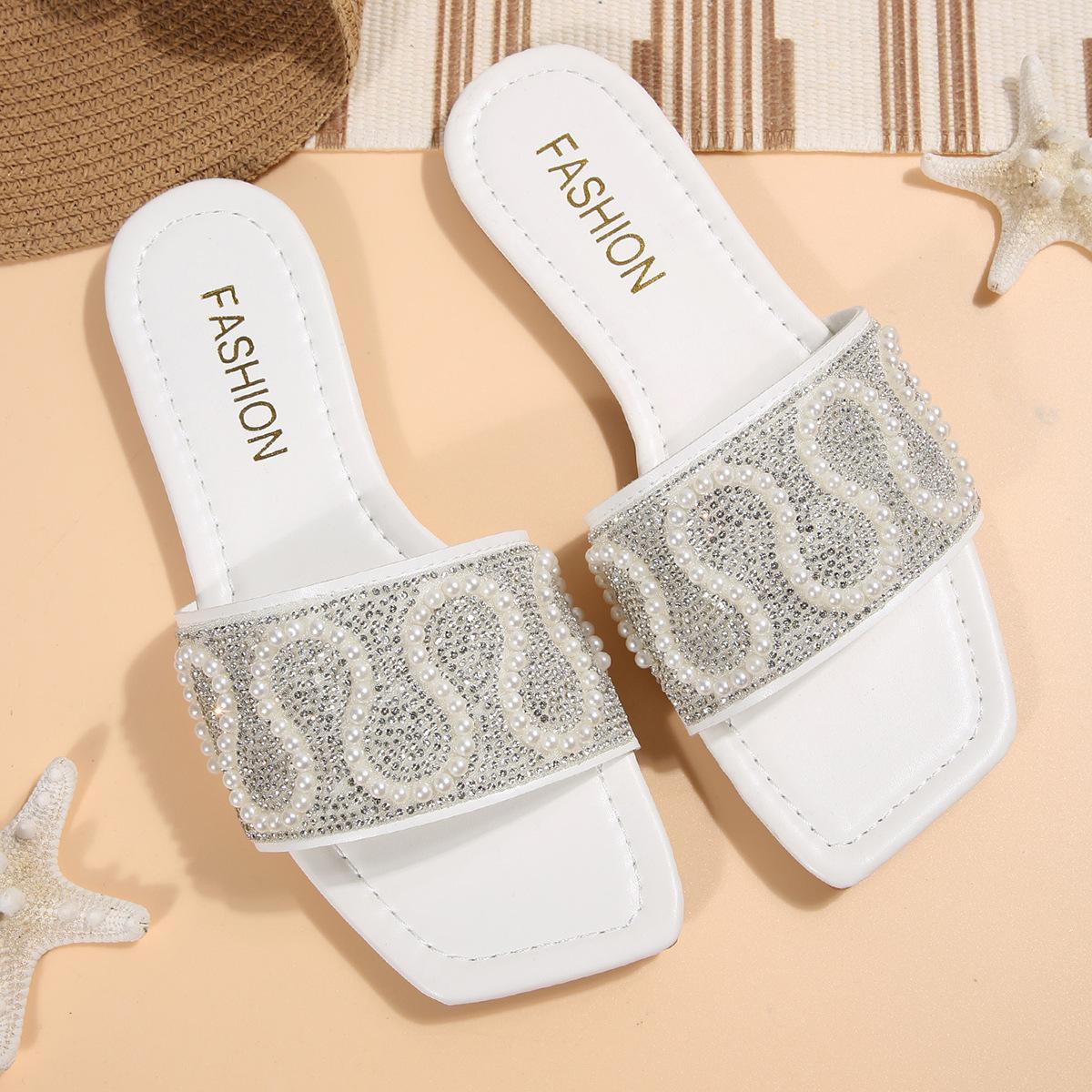 

Летние большие размеры классные тапочки женские модные бисерные стразы односложные повседневные женские тапочки на плоской подошве пляжная обувь 43 белый