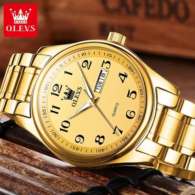 OLEVS Klassische Herrenuhren aus Edelstahl, wasserdicht, leuchtend, Doppelkalenderanzeige, Quarzuhr für Männer