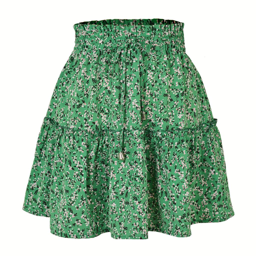 Summer Women's Casual High Waist Ruffled Floral Skirt Beach A-line Skirt