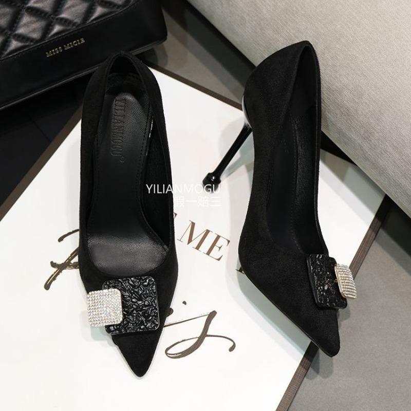 Autumn new girls rhinestone high heels women s thin heels pointed sexy black women s single shoes 35
