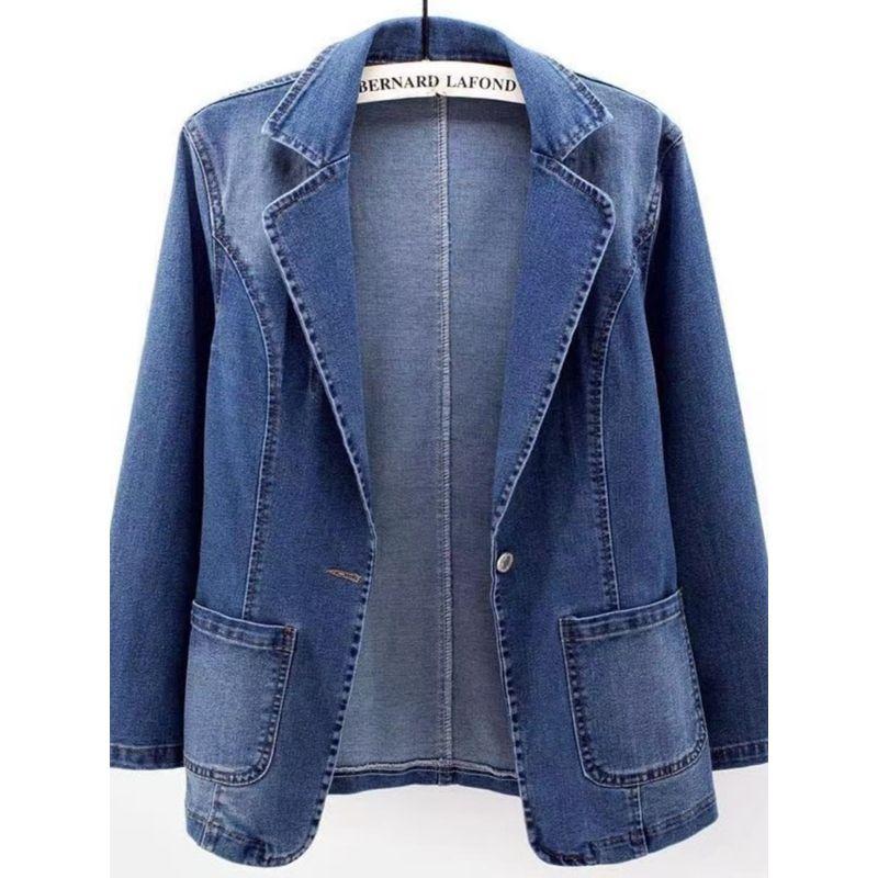 Hong Kong Style Fashion Autumn Suit Collar Blue One Button Slim Looking Stretch Casual Denim Long Sleeves Outwear Plus Size Women's Clothing
