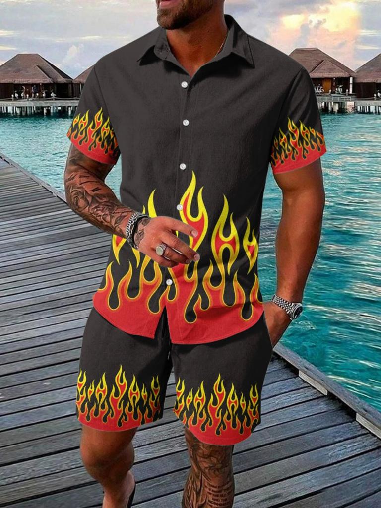 Summer Beach Party Men's Casual Men's Hawaiian Short-sleeved Shirt And Beach Shorts Set
