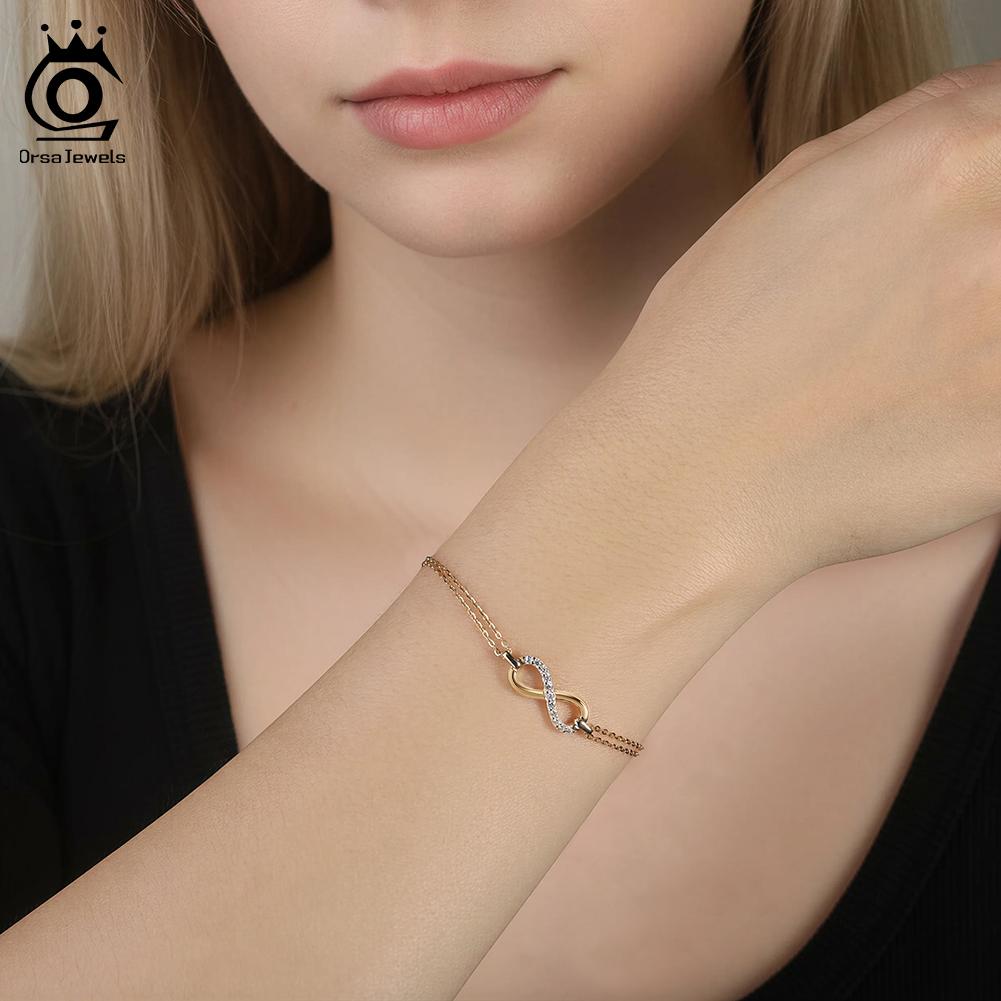 ORSA JEWELS 925 Sterling Silver Infinity Bracelet for Women D Color VVS Moissanite Diamand Love Symbol Hand Chain Jewelry MOB06