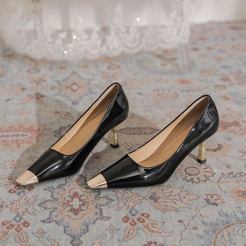7169-1 Professional Stiletto Shoes Temperament Commuting Fashion Metal Head Social Women's Shoes Intellectual Elegance Patent Leather Shoes