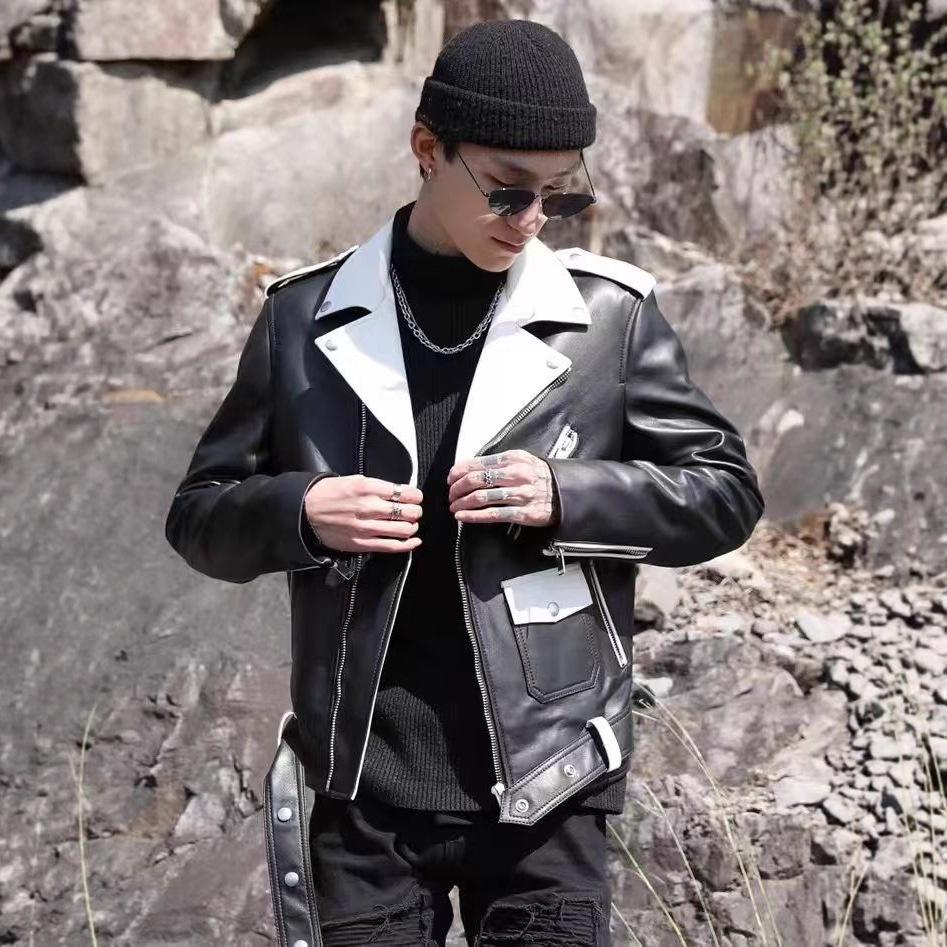 Men's leather jacket new men's PU locomotive jacket jacket color matching fashion leather jacket men's leather jacket
