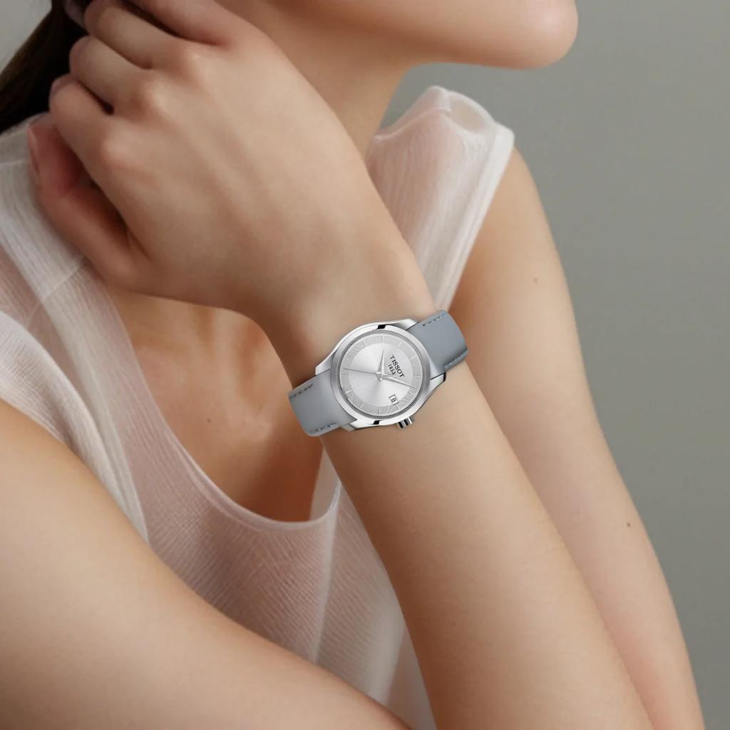 TISSOT Kutu series quartz movement casual fashion Swiss women's watch Swiss watch silver dial stainless steel case leather strap T035.210.16.031.02