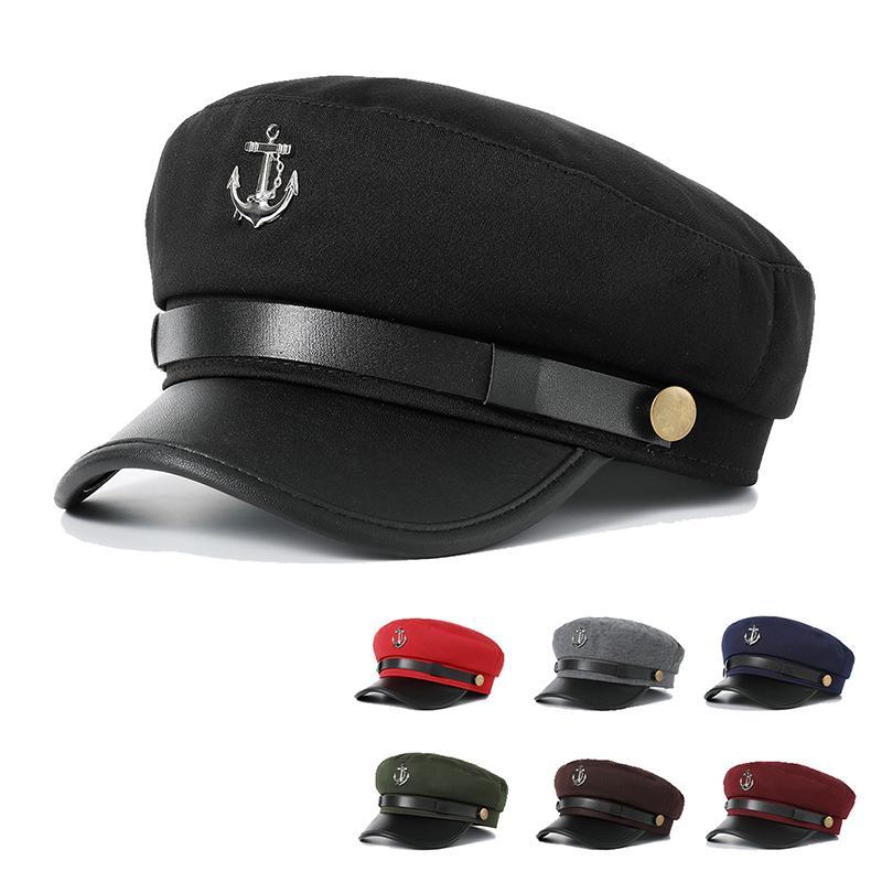 Berretto alla moda unisex Cappello blu navy tinta unita da donna e uomo Cappello da sfilata per primavera e autunno Cotone con logo ancora Cappellini da donna a tesa corta