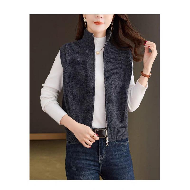 DIMANAF 2025 Autumn Winter Women Sweaters Vest Tops Knitted Basic Sleeveless Zipper Outerwear