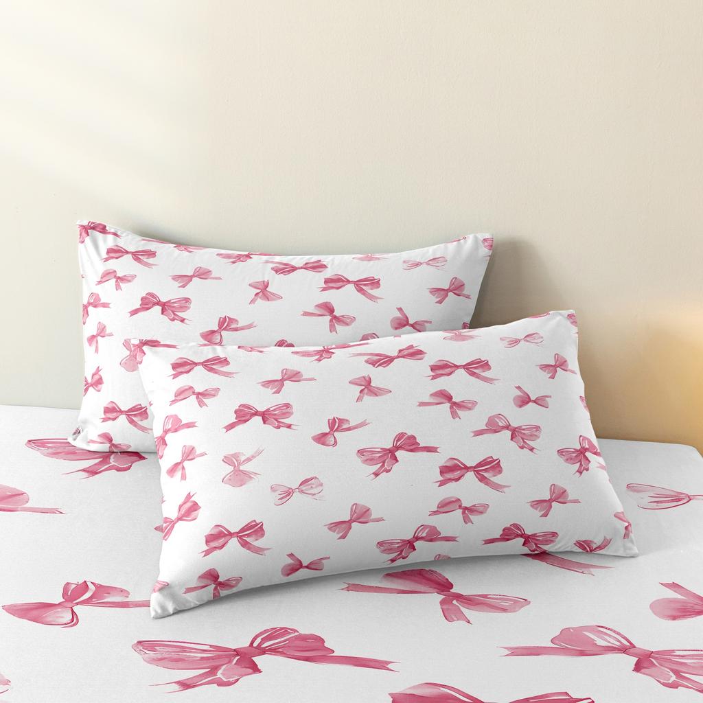 3 Pieces Pink Coquette Bow Print Duvet Cover Set, Bow Printed Bedding, For Bedroom Home Decoration, Multiple Sizes Available