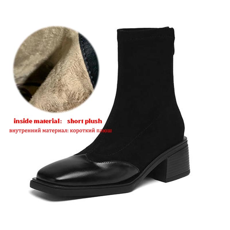 Krazing Pot Microfiber Flock Winter Square Toe Modern Size 33 Boots Size 43 Zipper KPOP Style Fashion Stretch Ankle Boots