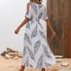 Women's Summer Leaf Print V-neck Leaky Shoulder Slit Sexy Dress