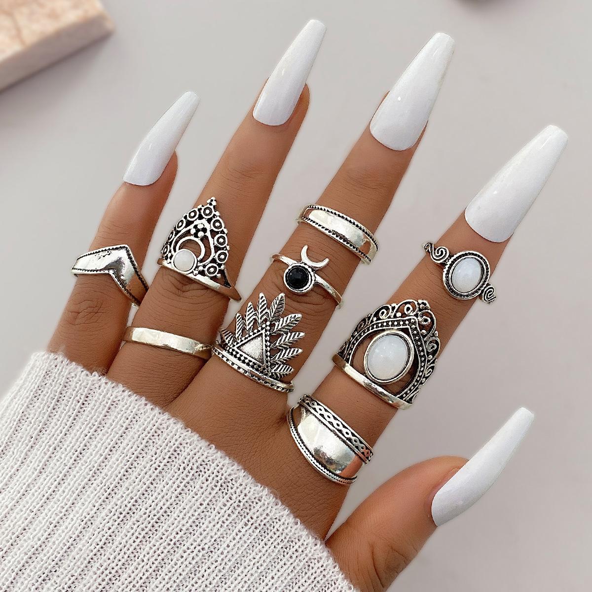9Pcs/Set Silver Color Irregular Geometry Gothic Metal Ring Set Trendy Rhinestone Mix And Match For Daily Outfits Accessories
