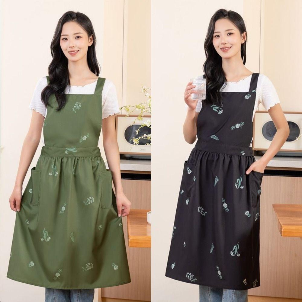 New Embroidery Flower Kitchen Apron Polyester Adjustable Cross-back Apron Oil-proof Pleated Style Dress Apron Cooking Activities