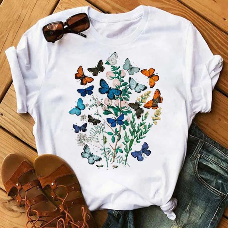 

Women Flower Butterfly Fashion Print T Shirt Casual Short Sleeve Ladies T Tee Female Top Shirt Clothes Womens Graphic Tshirt 4XL