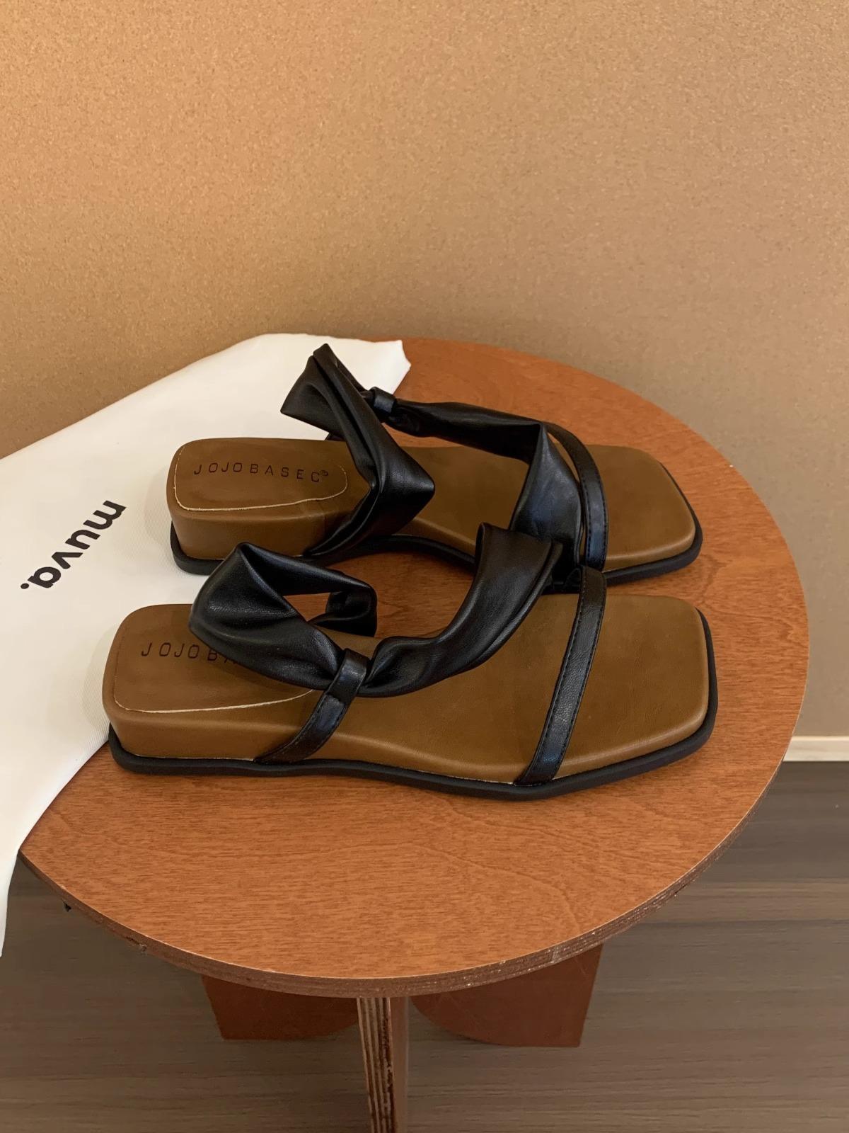 

Sheepskin version~ French square head with cool slippers women wear platform slippers versatile with skirts Roman sandals 40 чёрный