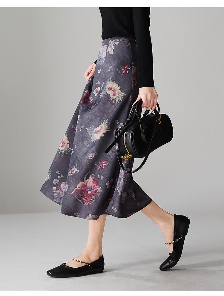 National style printed high waisted A-line umbrella skirt 2026 spring fashion versatile mid length skirt