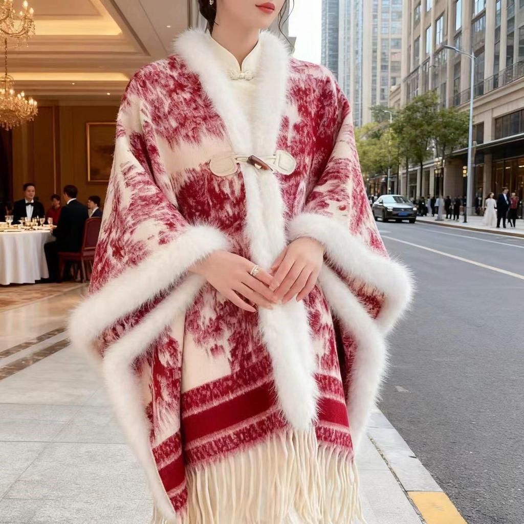 Elegant Women's Floral Ink Wash Shawl - Soft Cashmere Feel, Tassel Detail Cape