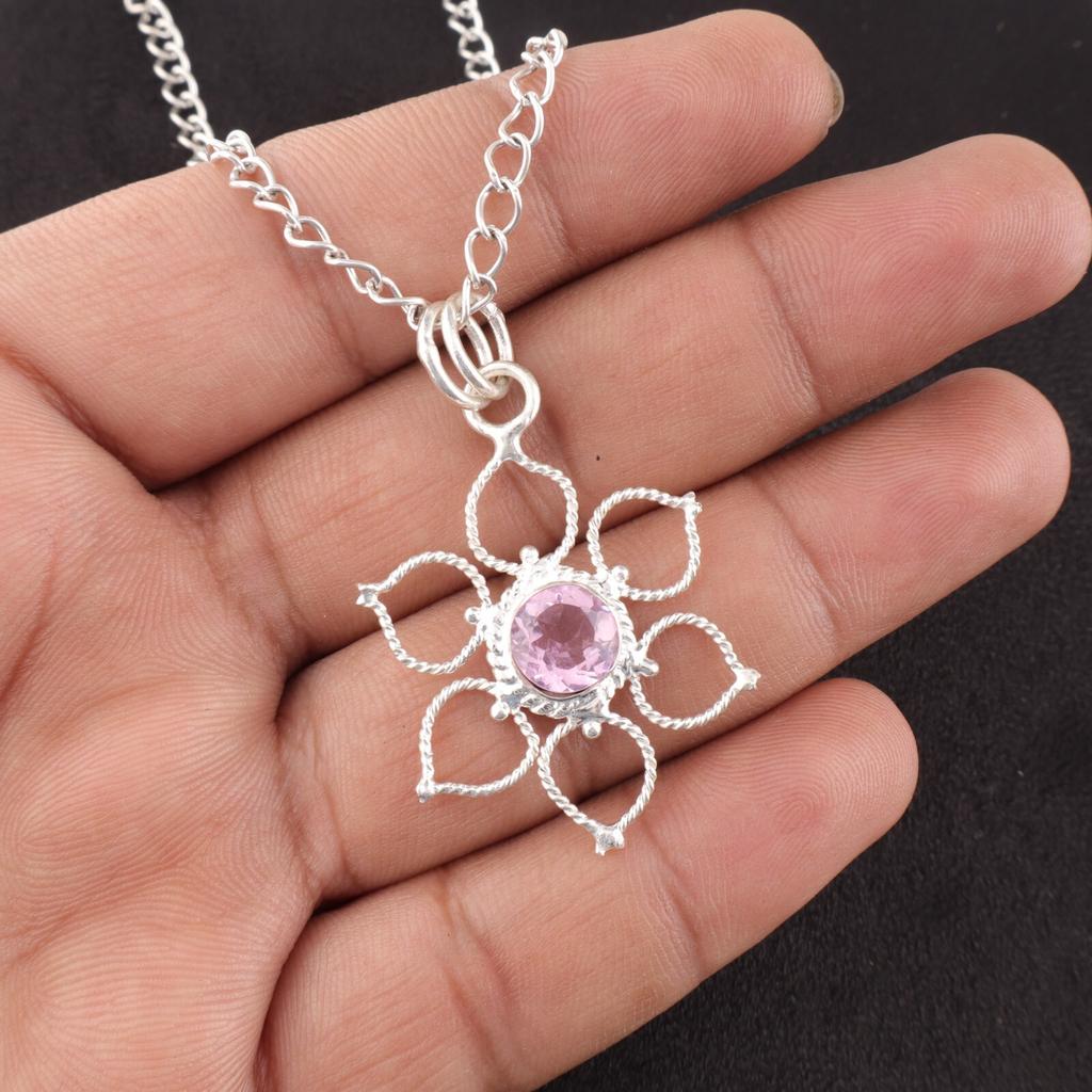 Round Kunzite Stone 925 Sterling Silver Sisters Gift Engagement Pendant Jewelry PP-18-11