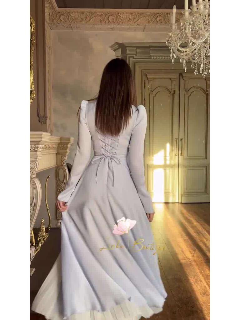 Elegant Retro Long-Sleeve Spring Dress for Women - European & American 2025 Design, Waist-Cinching Style