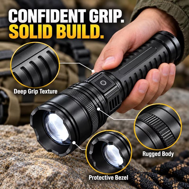 Rechargeable Heavy Duty LED Flashlight, Adjustable Focus, Digital Power Display + COB Tail Light, Spot/Flood Beam for Emergency & Outdoor