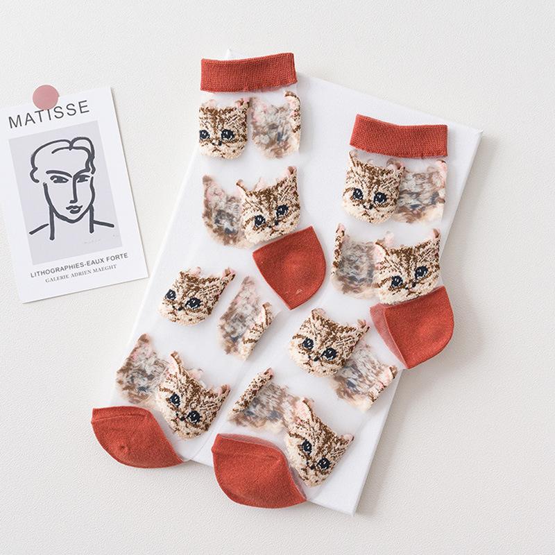 Women Transparent Cute Cat Socks Ladies Japanese Fashion Korean Trendy Summer Thin Crystal Silk Sock Glass Fiber Stocking