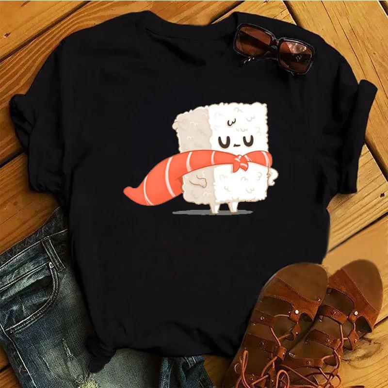 Cute Sushi hug Women T-shirts Summer black Short Sleeve T shirt girl femme O-Nock Kawaii Clothing Top tee Ladies Harajuku Tshirt