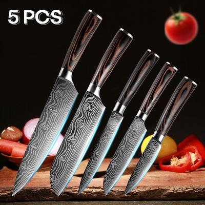 Damasceński nóż szefa kuchni 5 szt. Damasceński nóż kuchenny Drewniany uchwyt Paring Utility Santoku Slicing Chef