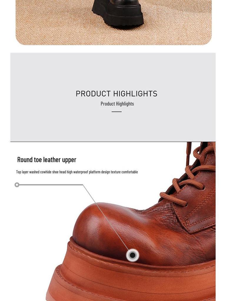 Women's Small Platform Martin Boots 2025 Autumn/Winter - Washed Cowhide Leather Lace-up Short Boots