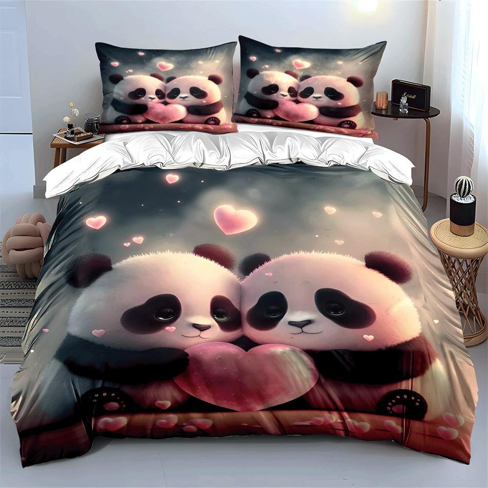 Adorable Panda Love Set Design Exquisite Three-Piece Bedding Set Gift For Kids And Adults