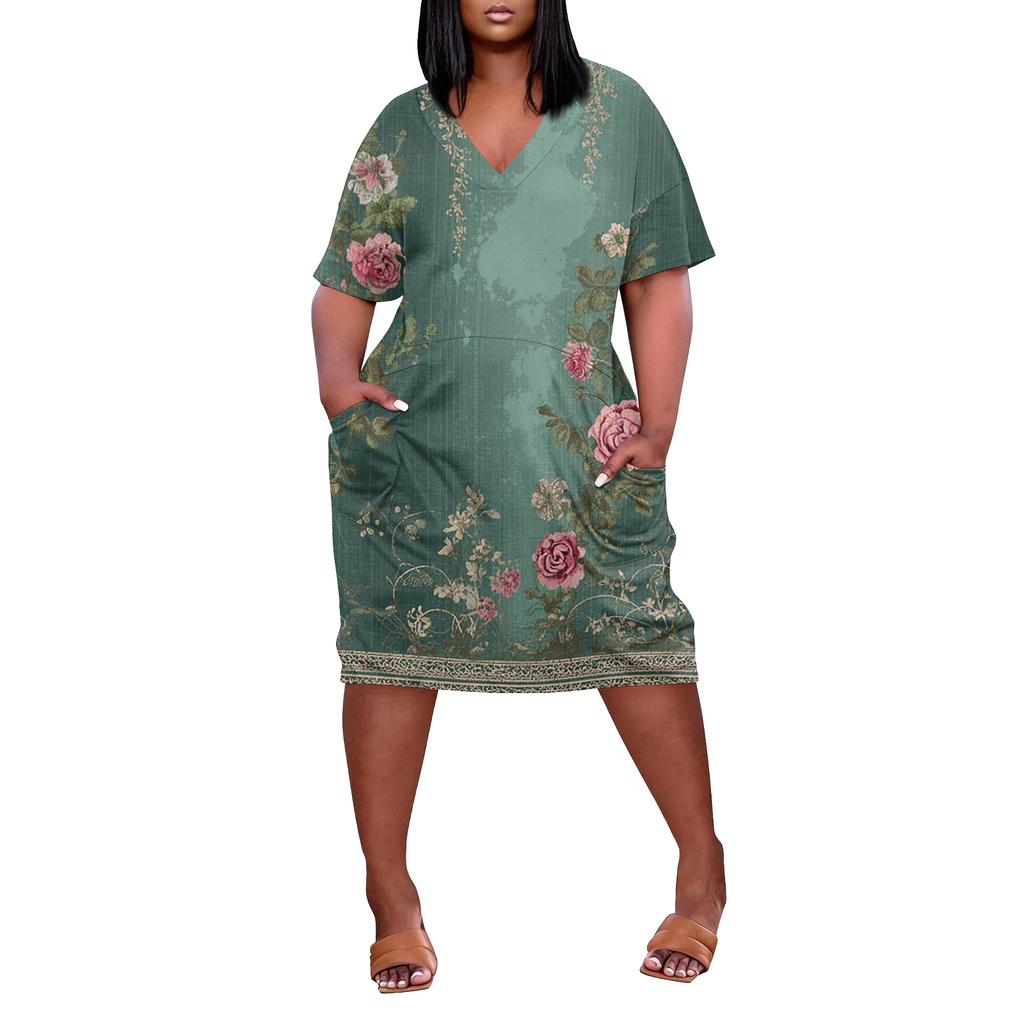 Summer Plus Size V Neck Short Sleeve Knee Pocket Print Casual Dress For Women