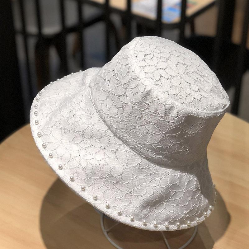 Women Fashion Lace Pearls Bucket Hat Summer Sun Protection Cap Outdoor Beach Hat