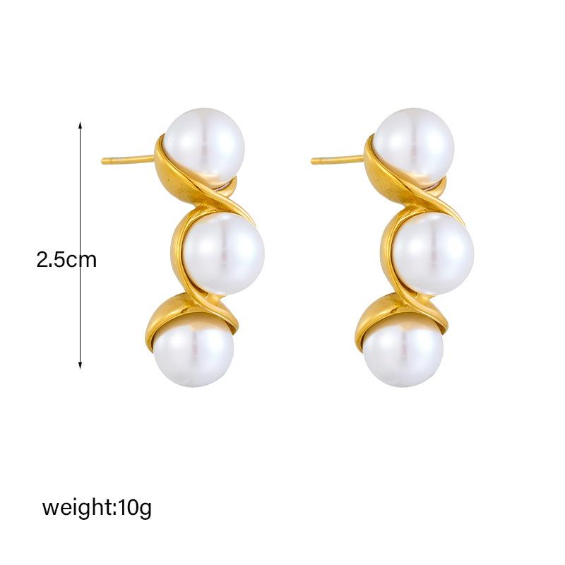 Gold Plated Stainless Steel Spiral Pearl Drop Earrings For Women