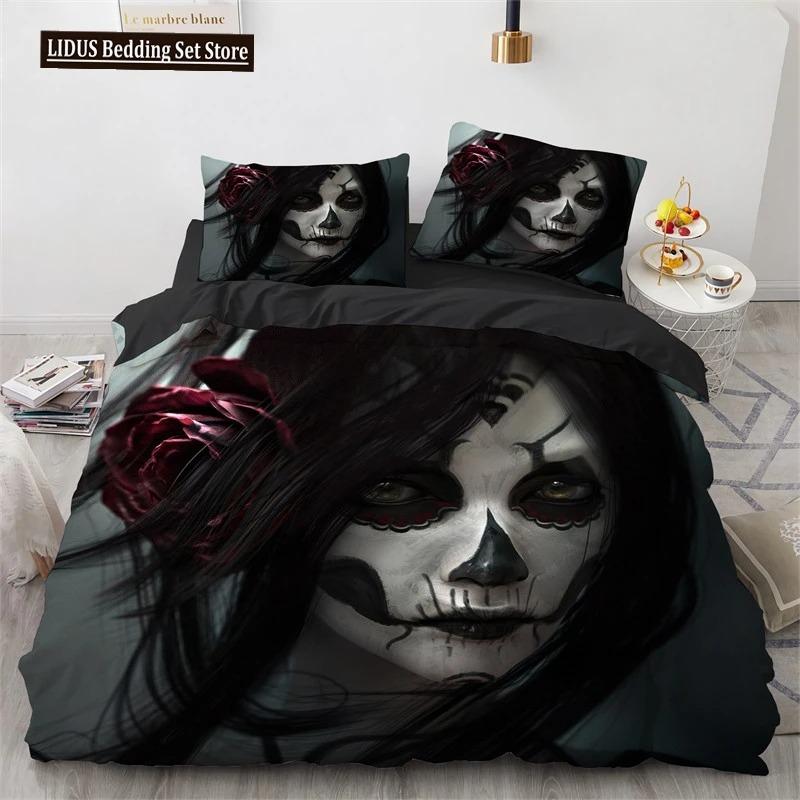 

Пододеяльник с черепом размера queen, микрофибра, винтажный, девушка с сахарным черепом, День мертвых, невеста с розами темного цвета, графический постельный комплект 70x133cm 2pcs