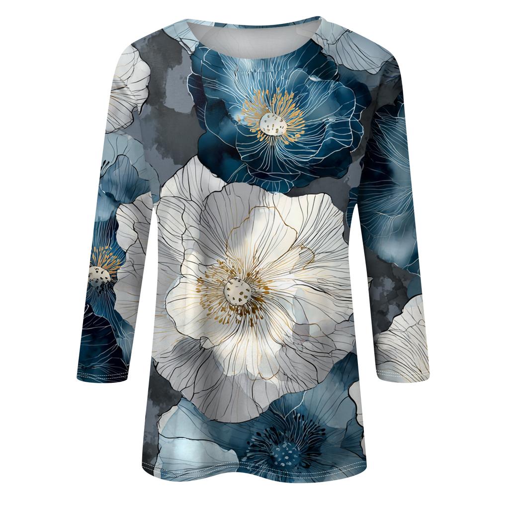 Women's Fashion Casual Round Neck Three-quarter Sleeve Retro Floral Print T-shirt Top