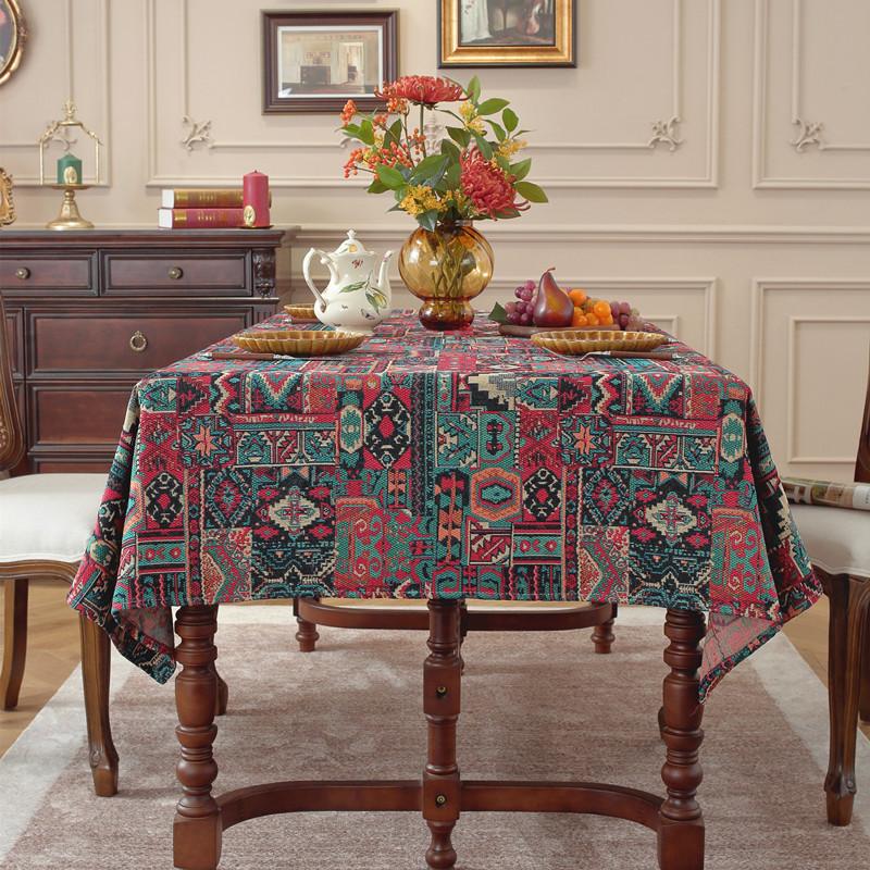 Polyester Cotton Color Woven Jacquard Bohemian Flower Geometric Tablecloth Rectangular Coffee Table Tablecloth Dining Table Cloth