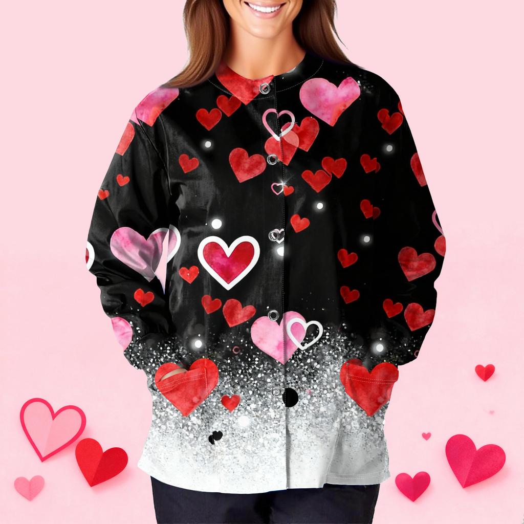 Women's Casual Fashion Long Sleeve Standing Collar Single Breasted Valentine's Day Print Workwear Jacket Tops