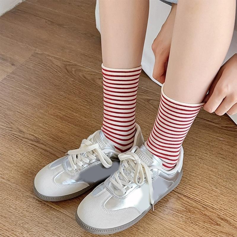 Womens Japanese Korean Cotton Middle Calf Socks Elegant College Style Casual Multicolored Striped Crew Socks Streetwear