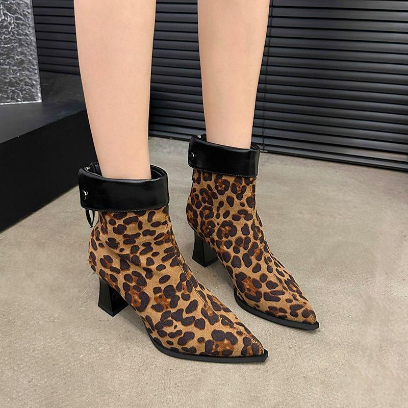 Korean Style Women’s High Heel Suede Boots - Autumn/Winter 2025: Versatile Chunky Heel, Pointed Toe, Leopard Print