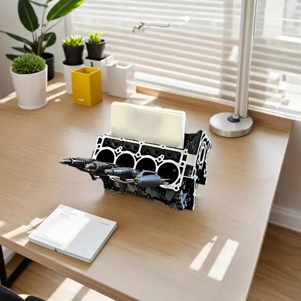Resin Engine Block Desk Organizer Black Business Card Bracket Pen Holder Office Desk Organizer