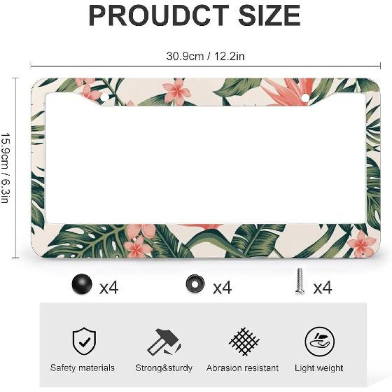 Tropical Palm Leaves License Plate Frames - 2 Pcs Set 2 Holes Metal Aluminum Auto Car Accessories Decoration License Plate Frame 6.3" X 12.2" Fit US