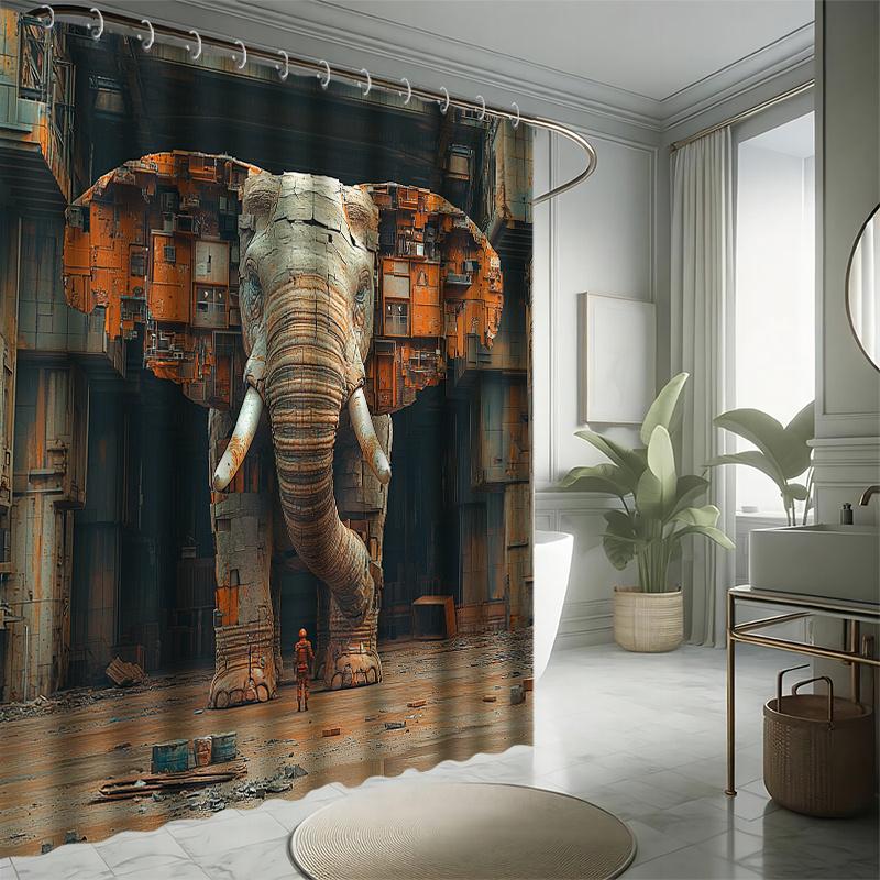Rustic Elephant Bath Curtain Set, Abandoned Factory Theme, Water-Resistant Polyester, , All-Season Decor, Modern Home Bathroom