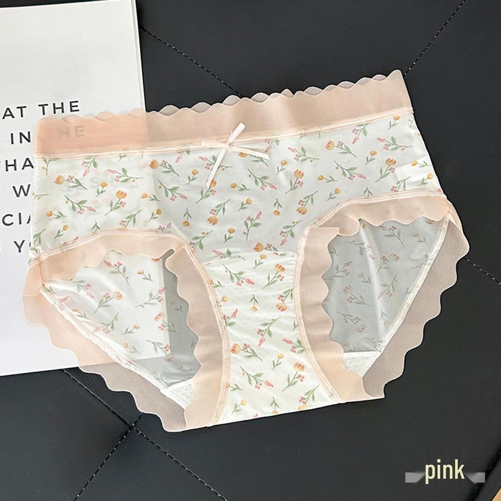 New Floral Ice Silk Girls' Underwear, Mid-Waist Seamless, Cute, Breathable, Hip-Hugging, Thin, Antibacterial Crotch, Pastoral Style